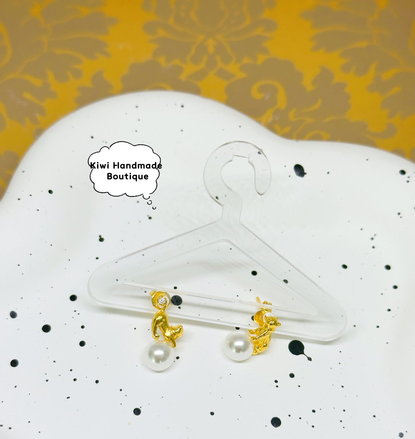 Golden Playing Cats White Pearl Earrings